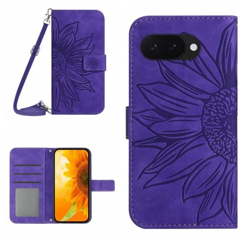 Funda de Cuero con Tapa y Cordón para Google Pixel 9A con Diseño de Girasol en Relieve (Morado Oscuro)