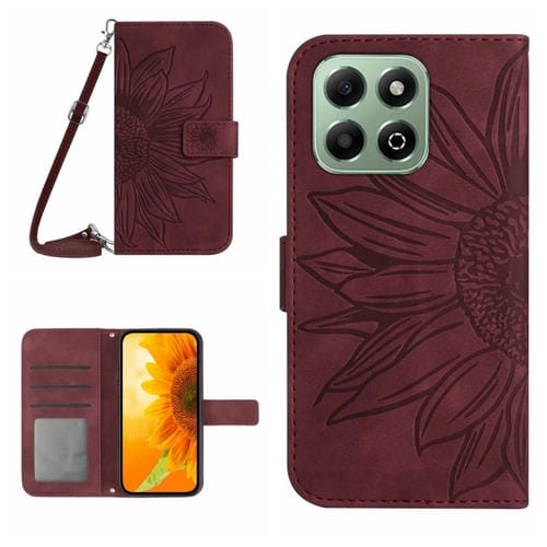 Funda de Cuero con Cordón para Honor 200 con Diseño de Girasoles y Tacto Inteligente (Rojo Vino)