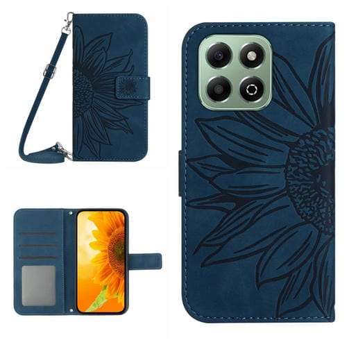 Funda de Cuero Honor 200 Smart Skin Feel con Diseño de Girasol y Cordón (Azul Tinta)