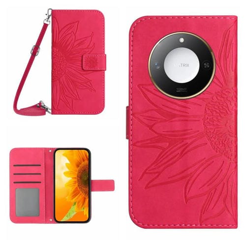 Funda de Cuero para Honor X9C con Diseño de Flores y Sol y Cordón (Rosa y Rojo)