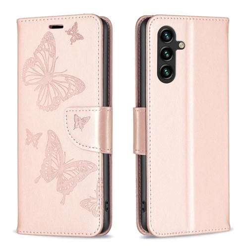 Funda de Cuero Samsung Galaxy A55 Patrón Dos Mariposas En Relieve (Oro Rosa)