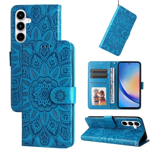 Funda para Teléfono Samsung Galaxy A35 Cuero con Girasol en Relieve (Azul)