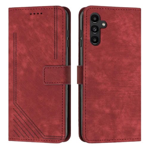 Funda de Cuero Samsung Galaxy A15 Skin Feel con PatrĂłn de Rayas y CordĂłn (Rojo)