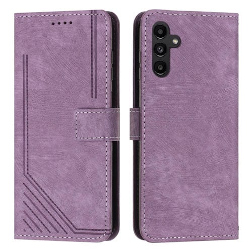Funda de Cuero Samsung Galaxy A15 Skin Feel con Patrón de Rayas y Cordón (Púrpura)