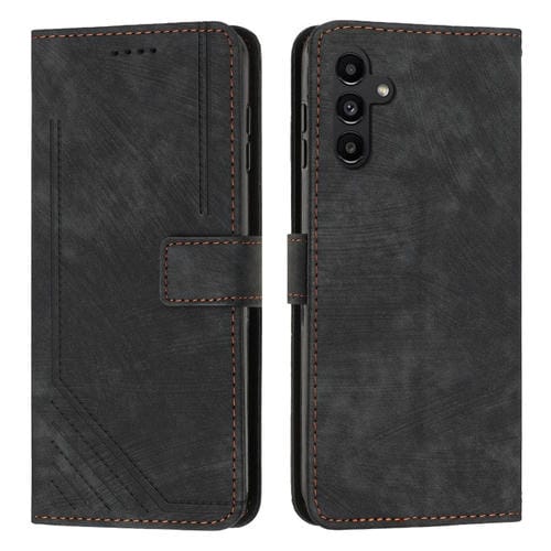 Funda de Cuero para Samsung Galaxy A55 Skin Feel con PatrĂłn de Rayas y CordĂłn Largo (Negro)