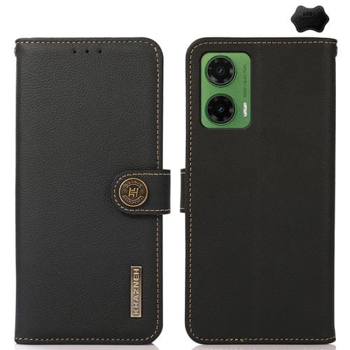 Funda de Cuero Genuino Khazneh Custer para Motorola Moto G35 con Rfid (Negro)
