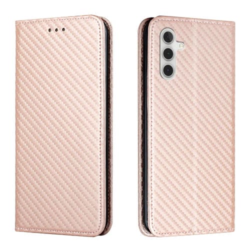 Funda para Samsung Galaxy A35 Cuero con Soporte y Textura de Fibra de Carbono (Oro Rosa)