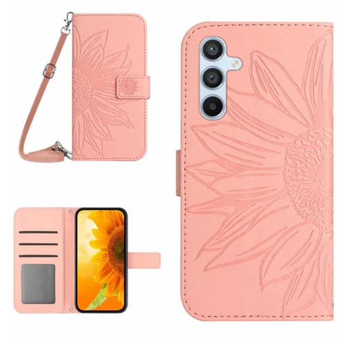 Funda de Cuero para Samsung Galaxy M15 5G Skin Feel Sun Flower con Tapa En Relieve y Cordón (Rosa)