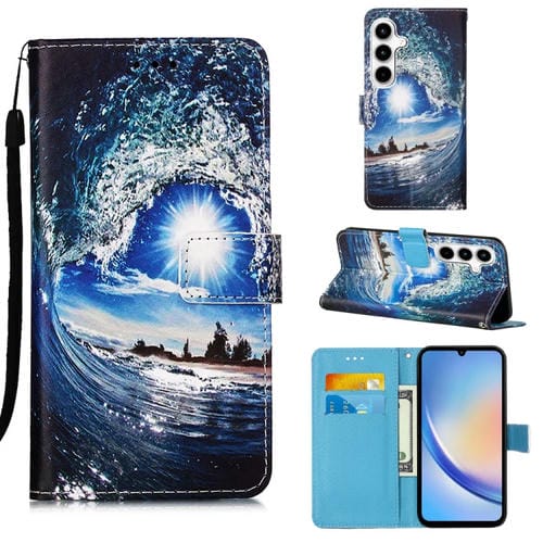 Funda para Teléfono Samsung Galaxy A35 5G Cuero Tejido Liso Patrón Dibujo Colores (Ondas y Sol)