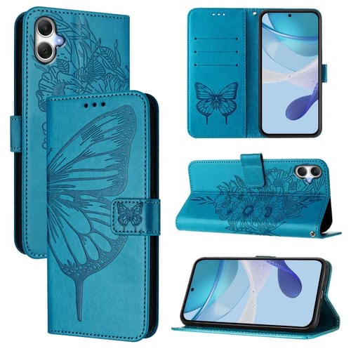 Funda de piel con diseño de mariposa en relieve para Samsung Galaxy A07 4G (azul)