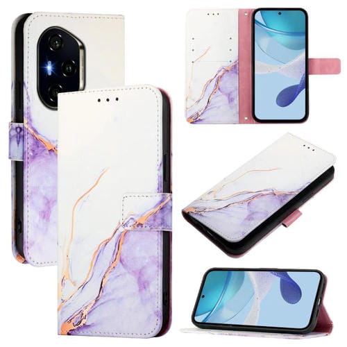 Funda de Cuero con Tapa y Diseño de Mårmol para Honor 300 Pro/300 Ultra Pt003 (Blanco y Morado)