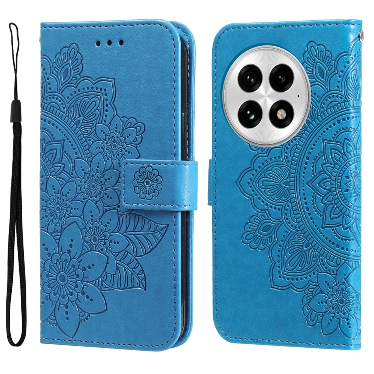 Funda de Cuero con Relieve Flores de Siete Pétalos para OnePlus 13 (Azul)