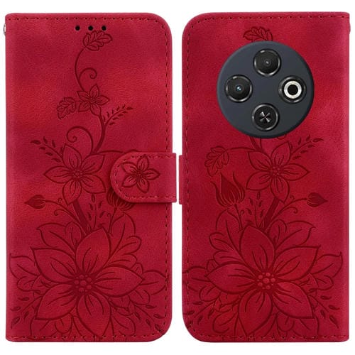 Funda de Cuero con Relieve de Lirio para Tecno Spark 30C (Rojo)