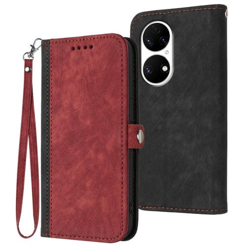 Funda de Cuero para Huawei P50 con Correa de Mano y Hebilla Lateral Doble (Rojo)