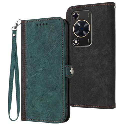Funda de Cuero con Correa de Mano y Hebilla Lateral Doble para Huawei Enjoy 70/Nova Y72 (Verde Oscuro)