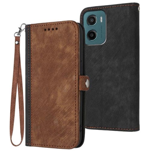 Funda de Cuero para Motorola Moto G05 con Correa de Mano y Hebilla Lateral Doble (Marrón)