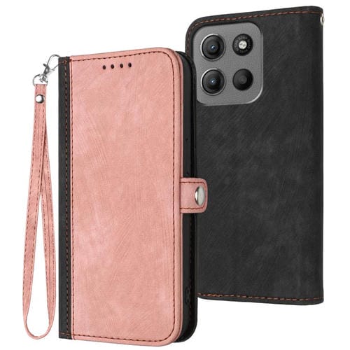 Funda de Cuero para Motorola Moto G15 con Correa y Hebilla Lateral Doble Plegable (Rosa)