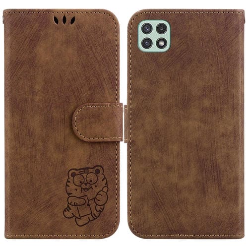 Para Samsung Galaxy A22 5G Funda de cuero con relieve Little Tiger (marrĂłn)