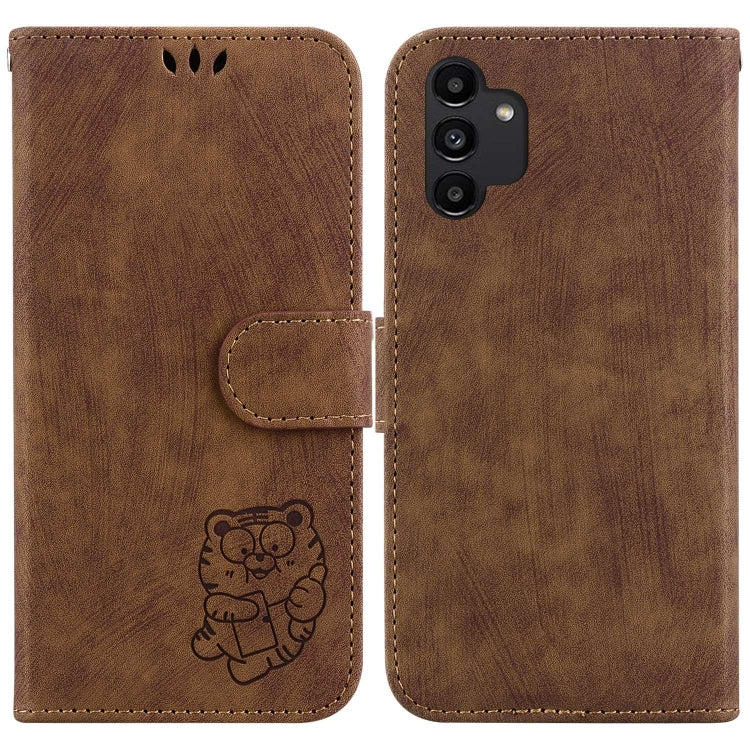 Para Samsung Galaxy A13 4G Funda de cuero con relieve Little Tiger (marrón)