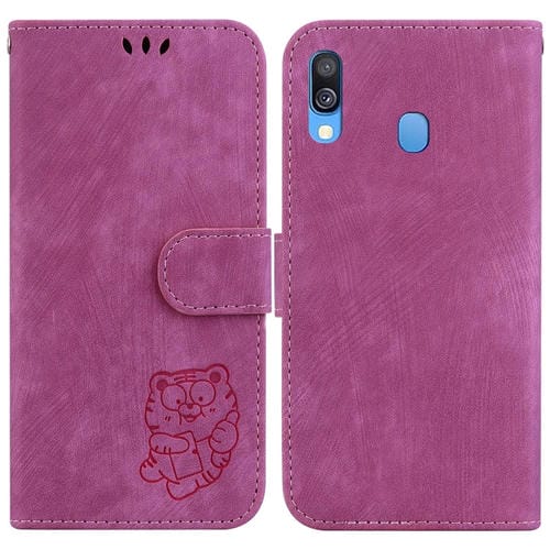 Para Samsung Galaxy A40 Funda para teléfono de cuero con relieve Little Tiger (rojo rosa)