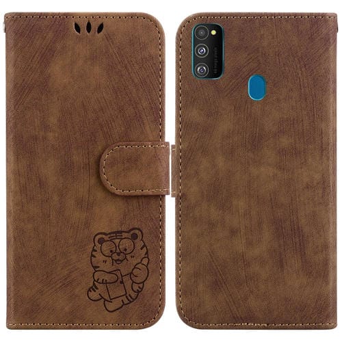 Para Samsung Galaxy M30s / M21 Funda para teléfono de cuero con relieve Little Tiger (marrón)