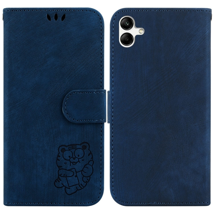 Para Samsung Galaxy A04 / F04 Funda para teléfono de cuero con relieve Little Tiger (azul oscuro)