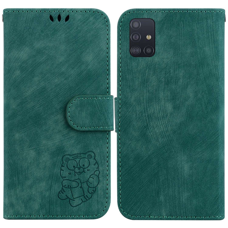 Para Samsung Galaxy A51 5G Funda para teléfono de cuero con relieve Little Tiger (verde)