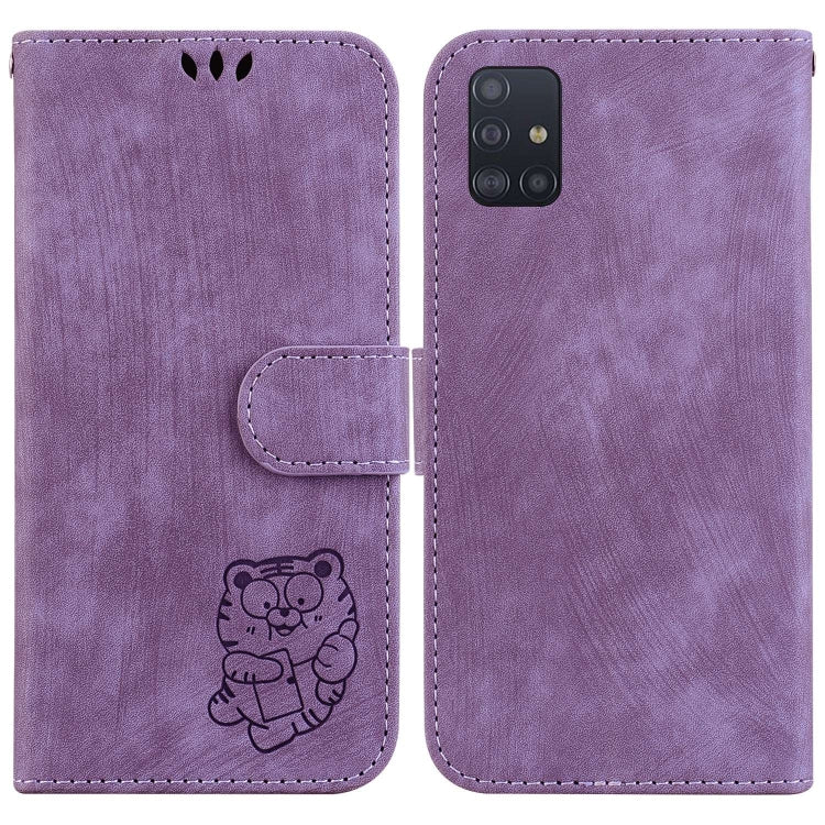 Para Samsung Galaxy A71 Funda de cuero con relieve Little Tiger (pĂșrpura)
