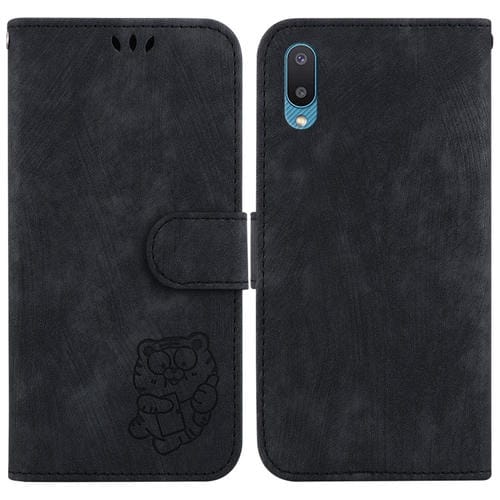 Para Samsung Galaxy A02 / M02 India 4G Funda para teléfono de cuero con relieve Little Tiger (negro)