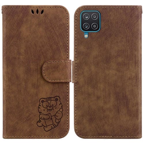 Para Samsung Galaxy A12 Funda de cuero con relieve Little Tiger (marrĂłn)