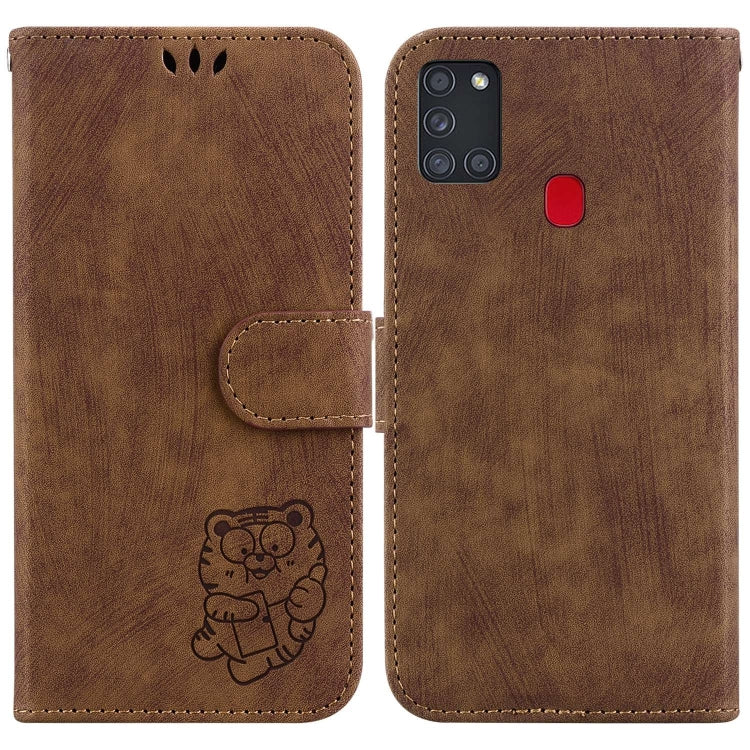 Para Samsung Galaxy A21s Funda de cuero con relieve Little Tiger (marrón)