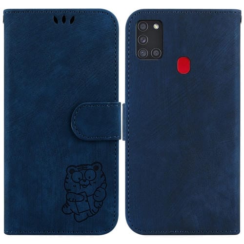 Para Samsung Galaxy A21s Funda para teléfono de cuero con relieve Little Tiger (azul oscuro)