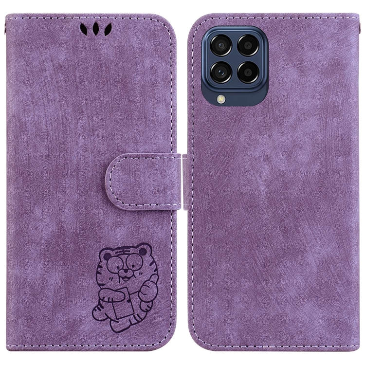 Para Samsung Galaxy M53 5G Funda de cuero con relieve Little Tiger (púrpura)