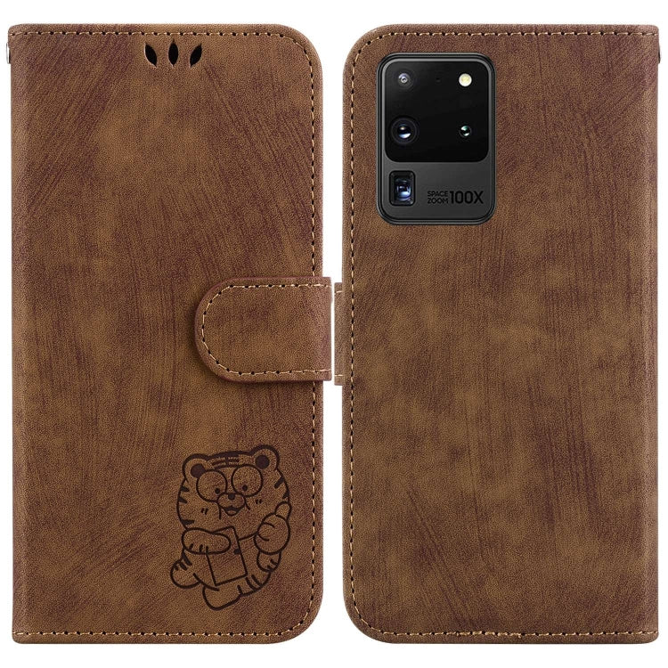 Para Samsung Galaxy S20 Ultra Little Tiger Funda de cuero en relieve para teléfono (marrón)