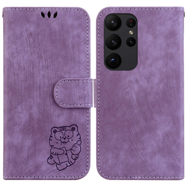 Para Samsung Galaxy S23 Ultra 5G Funda para telĂ©fono de cuero con relieve Little Tiger (pĂșrpura)