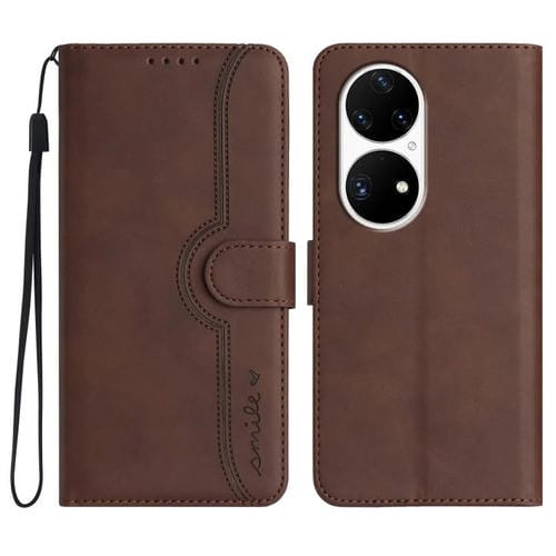 Funda de Piel con Diseño de Corazón para Huawei P50 Pro (Marrón)