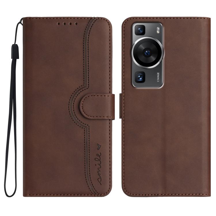 Funda de Piel con Diseño de Corazón para Huawei P60 y P60 Pro (Marrón)