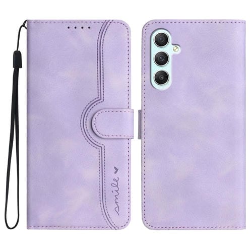 Funda de Cuero Samsung Galaxy A35 SensaciĂłn de Piel PatrĂłn de CorazĂłn (PĂșrpura)