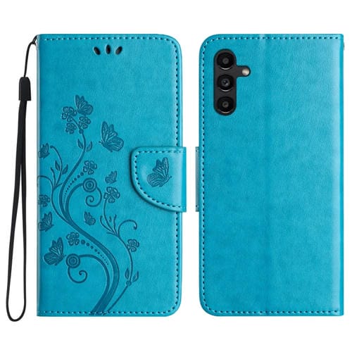 Funda para Teléfono Samsung Galaxy A05S Cuero con Tapa Patrón Flores Mariposa (Azul)