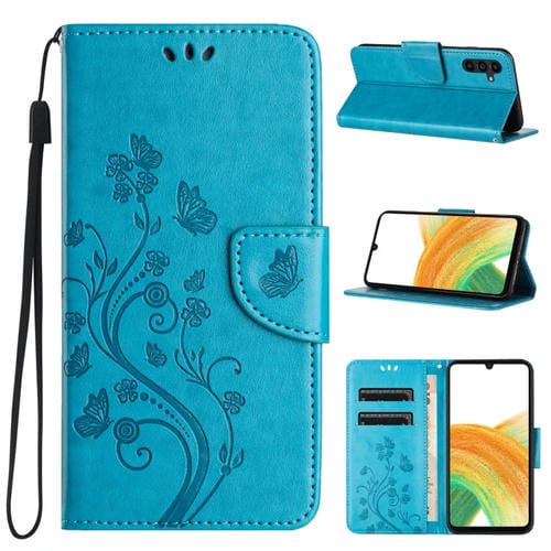 Funda de Cuero para Samsung Galaxy A35 con Tapa y PatrĂłn de Flores de Mariposa (Azul)