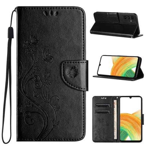 Funda de Cuero para Samsung Galaxy A35 con Tapa y PatrĂłn de Flores de Mariposa (Negro)