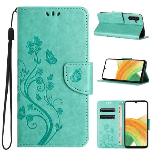 Funda para Teléfono Samsung Galaxy A55 Cuero con Tapa y Patrón de Flores de Mariposa (Verde)