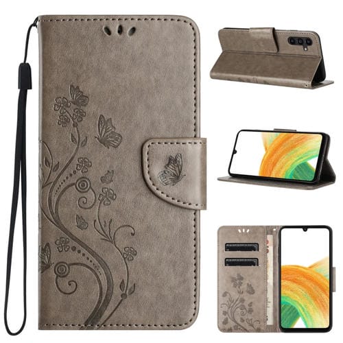 Funda de Cuero para Samsung Galaxy A55 con Tapa y PatrĂłn de Flores de Mariposa (Gris)