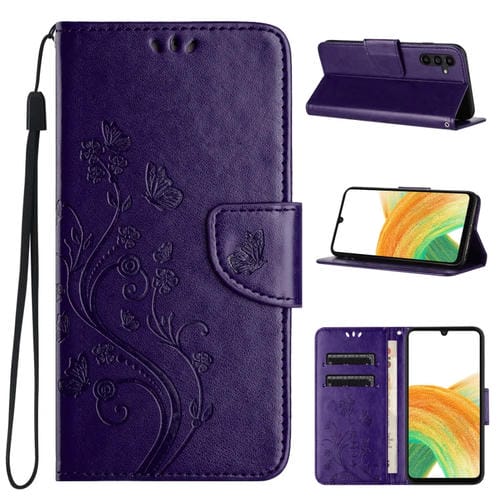 Funda de Cuero para Samsung Galaxy A55 con Tapa y PatrĂłn de Flores de Mariposa (PĂșrpura Oscuro)