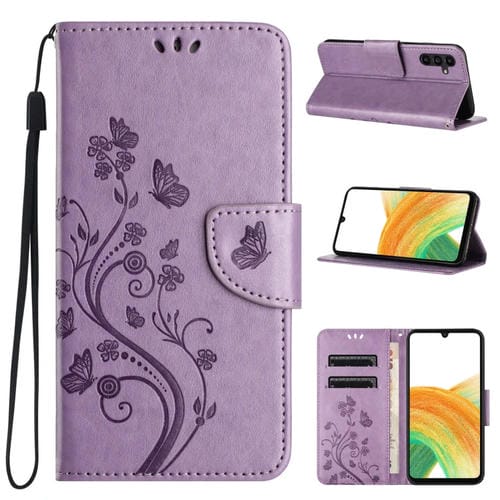 Funda de Cuero para Samsung Galaxy A55 con Tapa y PatrĂłn de Flores de Mariposa (PĂșrpura Claro)