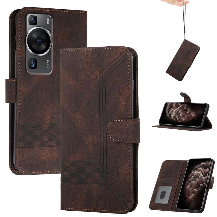 Funda de Cuero con Tapa y Tacto de Piel Cúbica para Huawei P60/P60 Pro (Marrón)