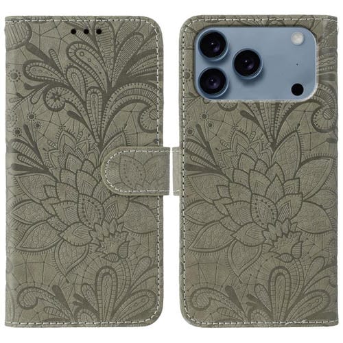 Funda de cuero con tapa y estampado floral para iPhone 17 Pro Max (gris)