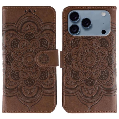 Funda de piel con estampado de mandala solar para iPhone 17 Pro (marrón)