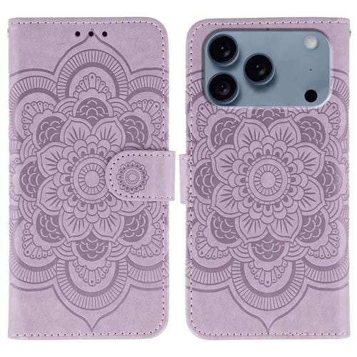 Funda de piel con estampado de mandala solar para iPhone 17 Pro (morada)