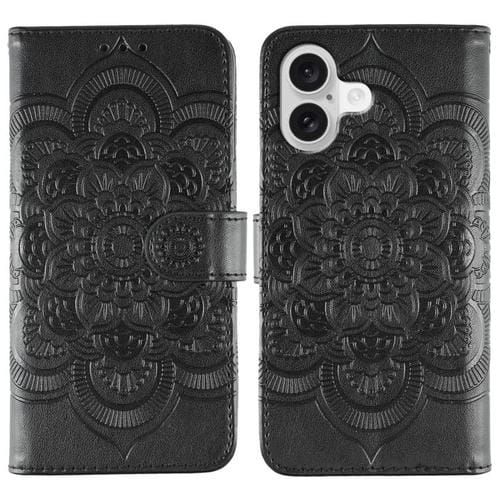 Funda de piel con estampado de mandala solar para iPhone 17 (negra)